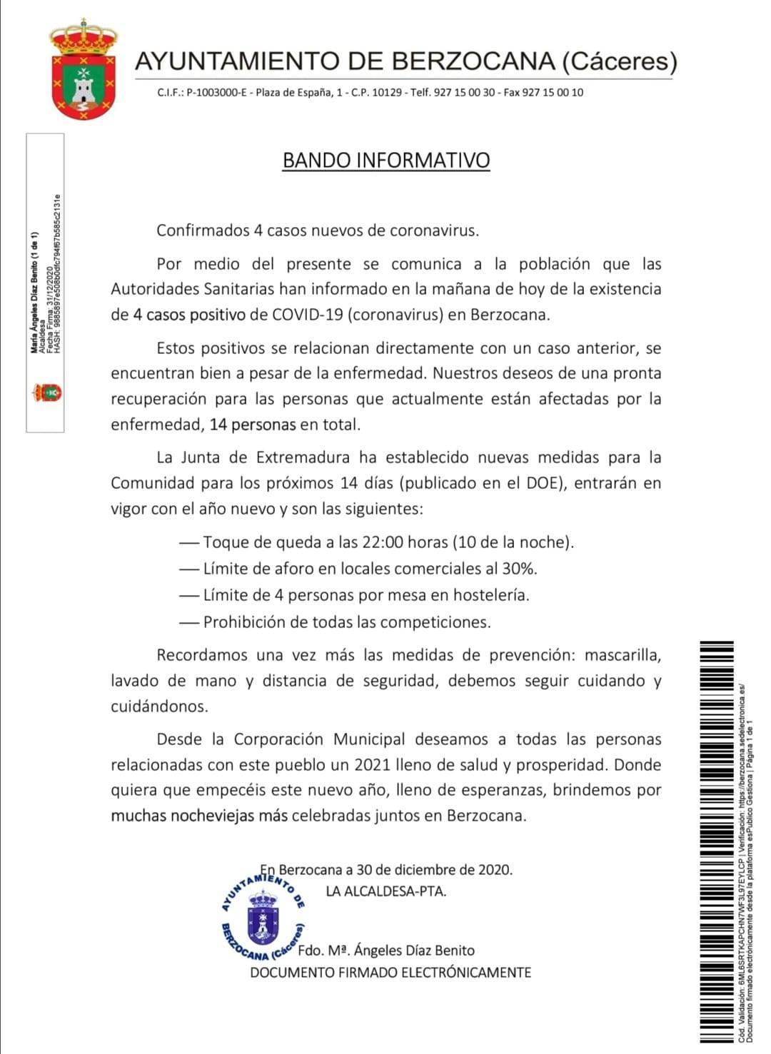 4 nuevos casos positivos de COVID-19 (diciembre 2020) - Berzocana (Cáceres)