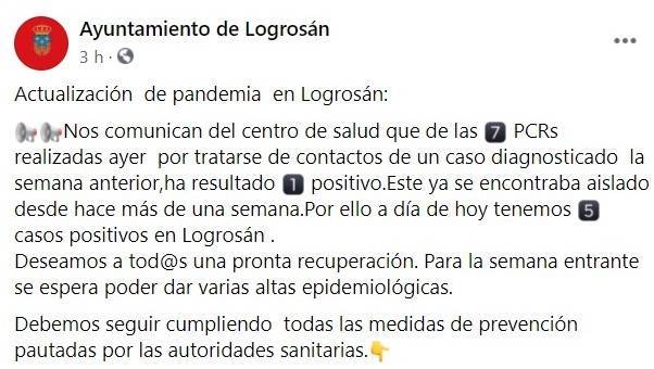 5 casos positivos activos de COVID-19 (enero 2021) - Logrosán (Cáceres)