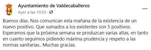 5 casos positivos activos de COVID-19 (enero 2021) - Valdecaballeros (Badajoz)