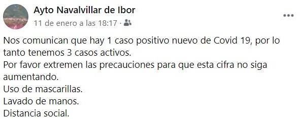 6 casos positivos activos de COVID-19 (enero 2021) - Navalvillar de Ibor (Cáceres) 1