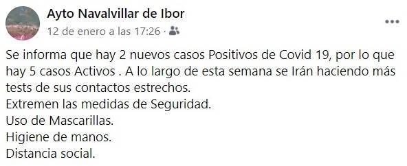 6 casos positivos activos de COVID-19 (enero 2021) - Navalvillar de Ibor (Cáceres) 2