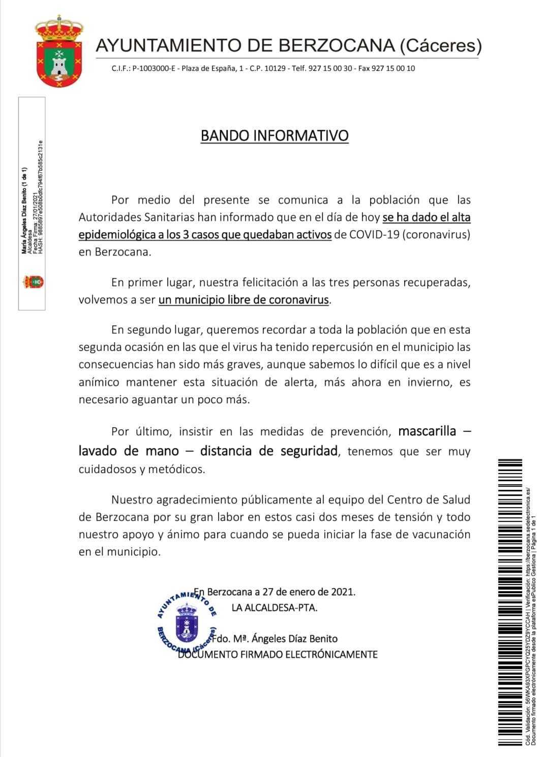 Libre de COVID-19 (enero 2021) - Berzocana (Cáceres)