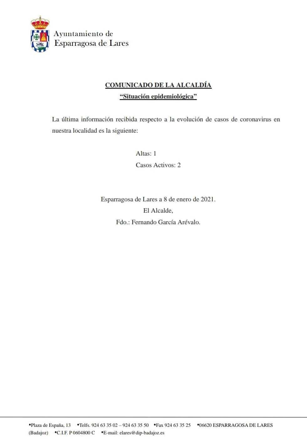 Nuevo caso positivo de COVID-19 (enero 2021) - Esparragosa de Lares (Badajoz)