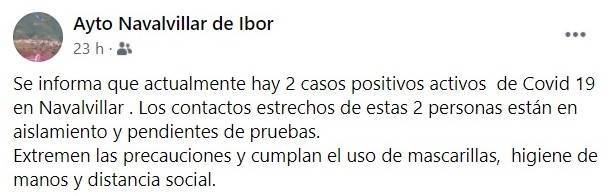 Nuevo caso positivo de COVID-19 (enero 2021) - Navalvillar de Ibor (Cáceres)