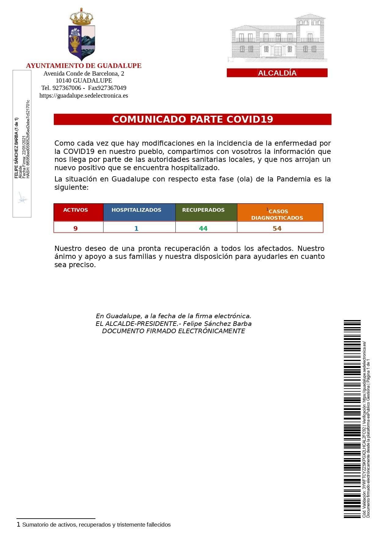 Nuevo caso positivo y 3 altas de COVID-19 (enero 2021) - Guadalupe (Cáceres) 1