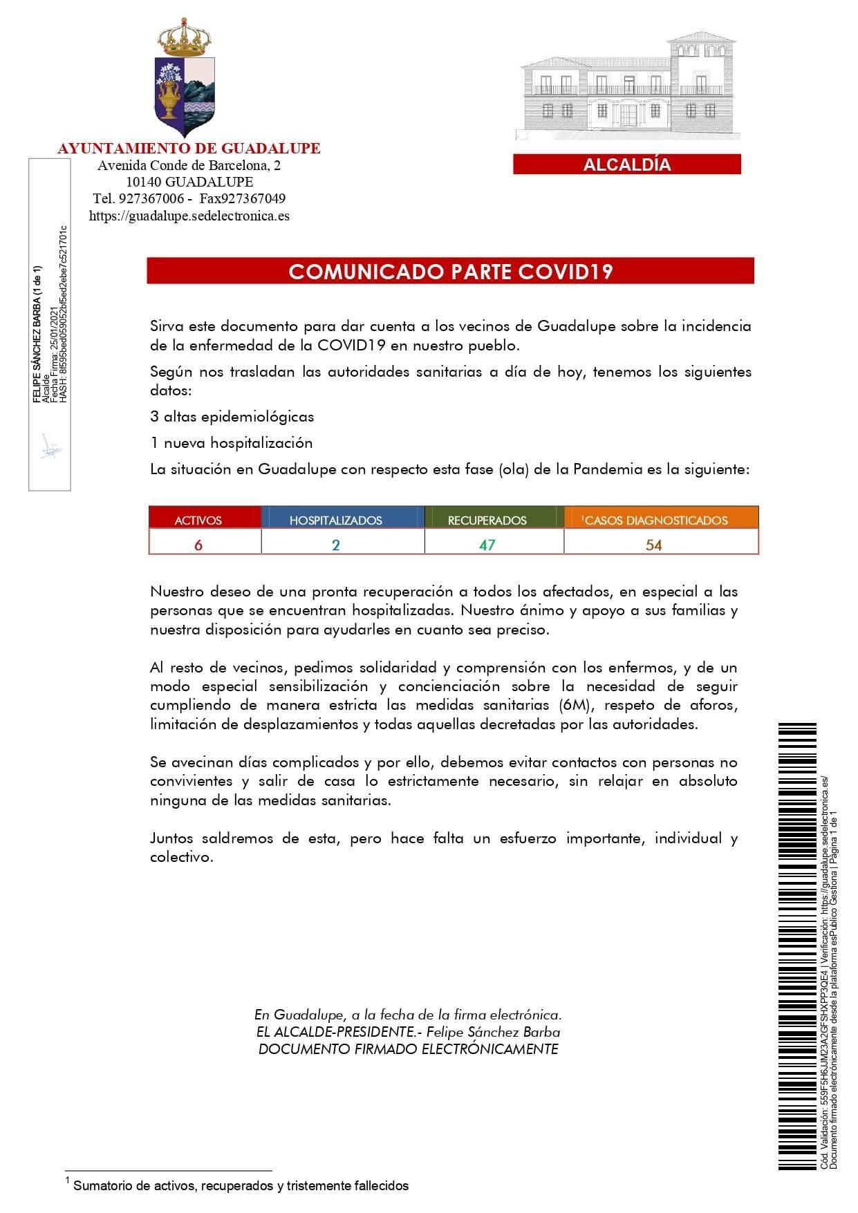 Nuevo caso positivo y 3 altas de COVID-19 (enero 2021) - Guadalupe (Cáceres) 2