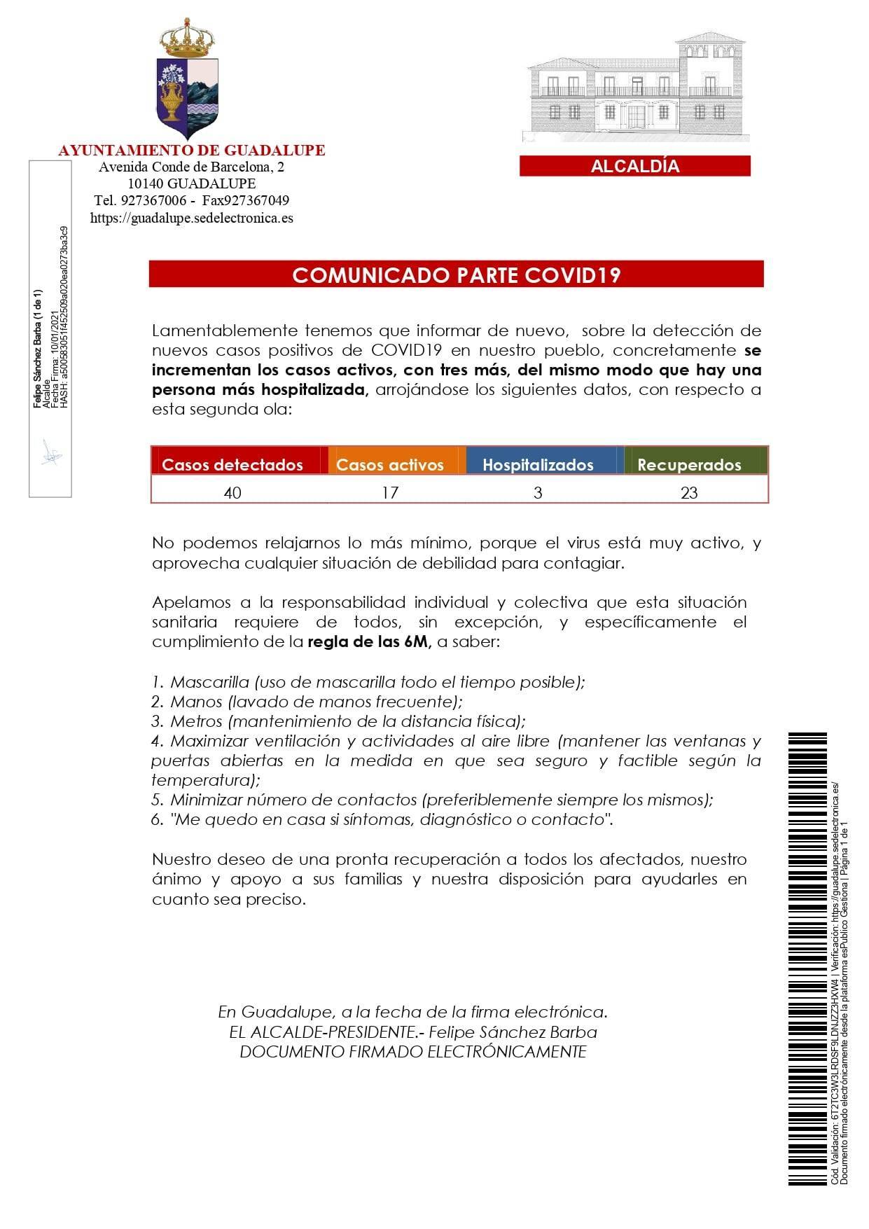 Nuevo hospitalizado y 3 casos positivos de COVID-19 (enero 2021) - Guadalupe (Cáceres) 1