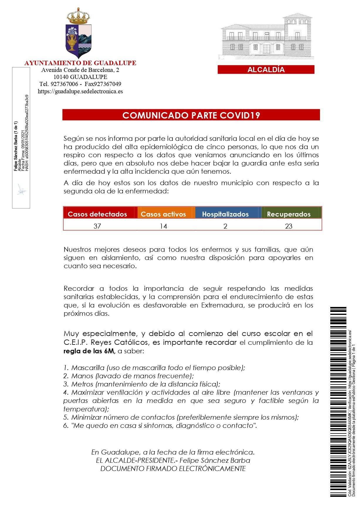 Nuevo hospitalizado y 3 casos positivos de COVID-19 (enero 2021) - Guadalupe (Cáceres) 2