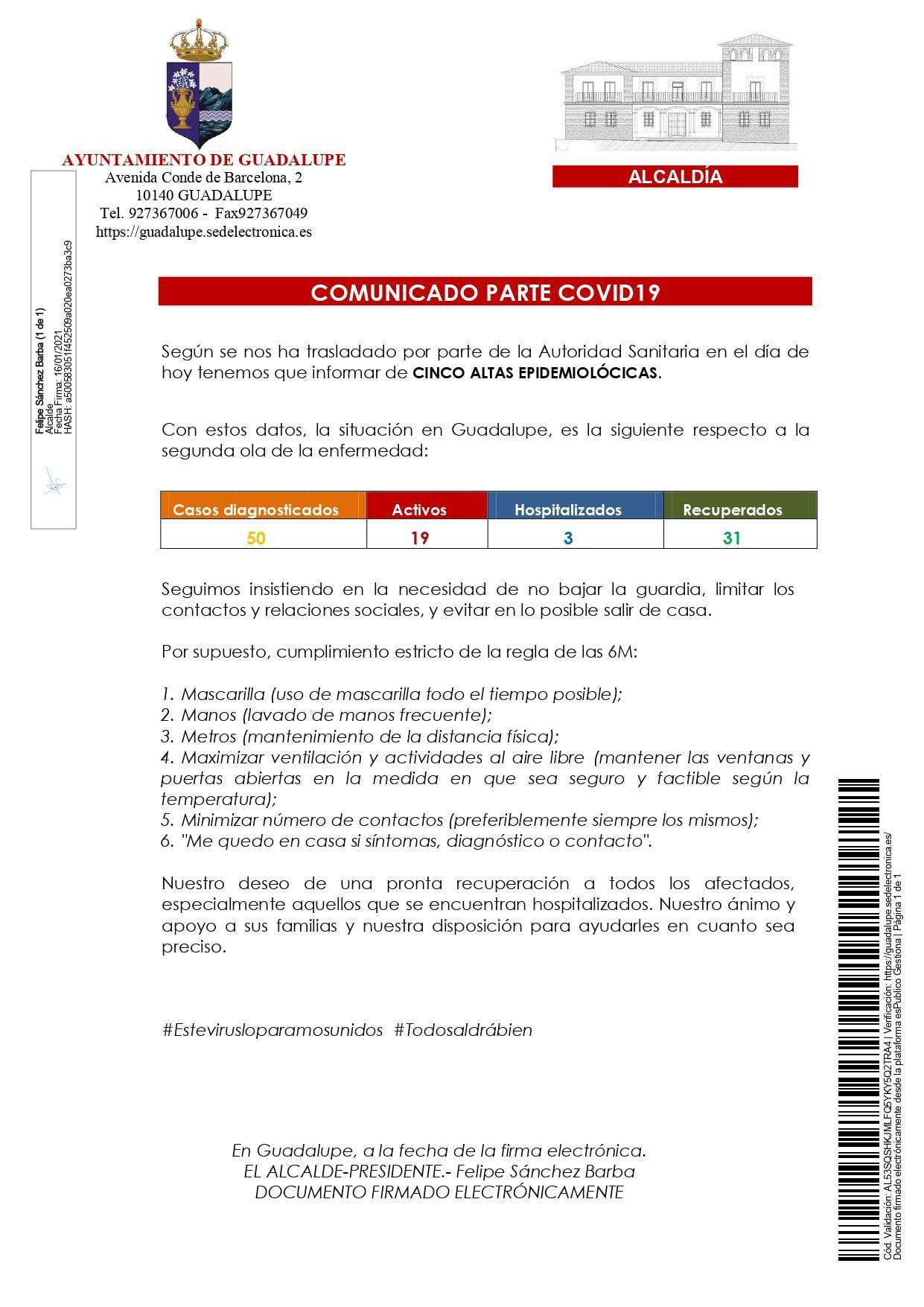 Nuevo hospitalizado y 7 altas de COVID-19 (enero 2021) - Guadalupe (Cáceres) 1