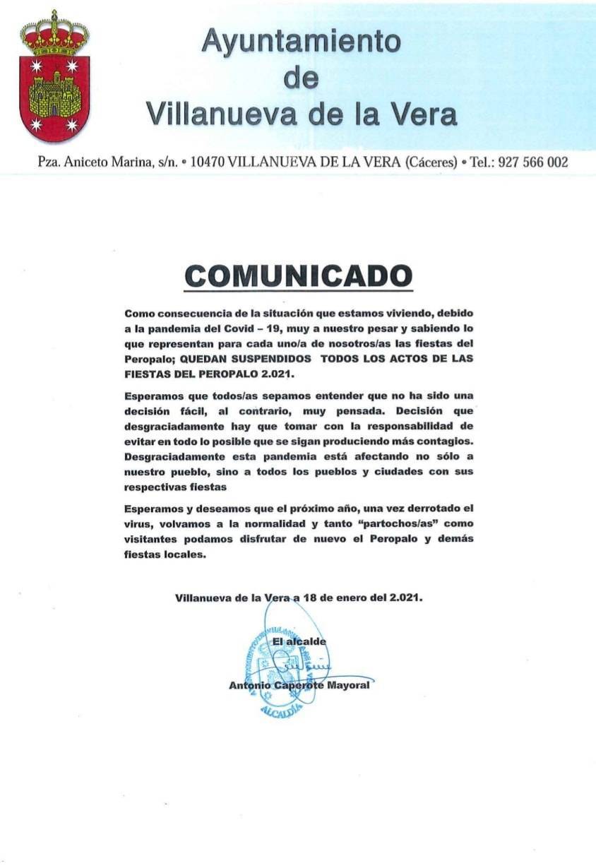 Se suspenden las fiestas del Peropalo (2021) - Villanueva de la Vera (Cáceres)