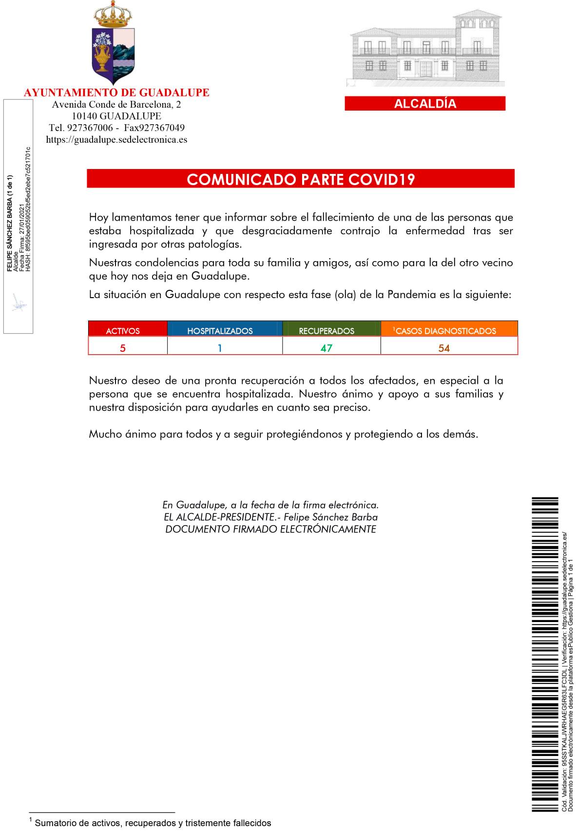 Segundo fallecido y nuevo caso positivo de COVID-19 (enero 2021) - Guadalupe (Cáceres) 1