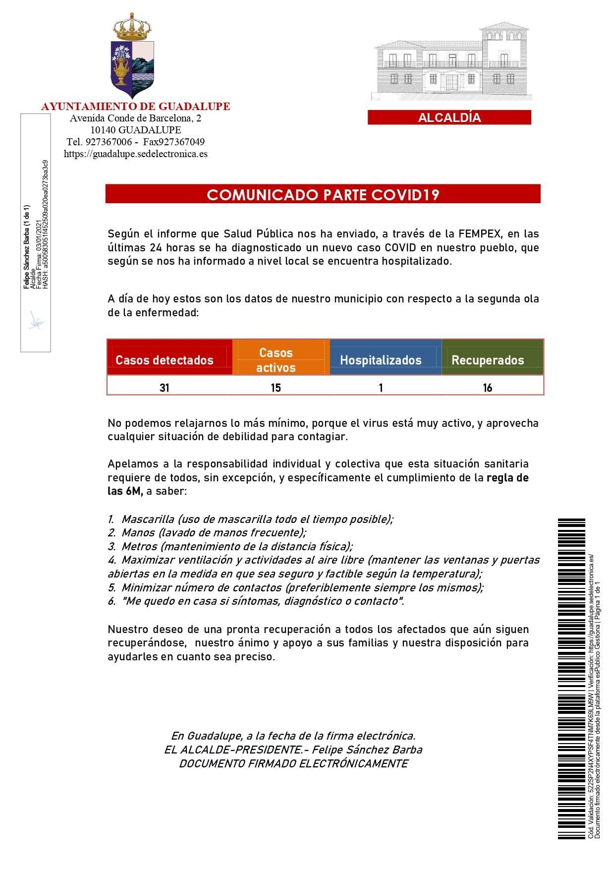 Un hospitalizado y 2 nuevas altas de COVID-19 (enero 2021) - Guadalupe (Cáceres) 1