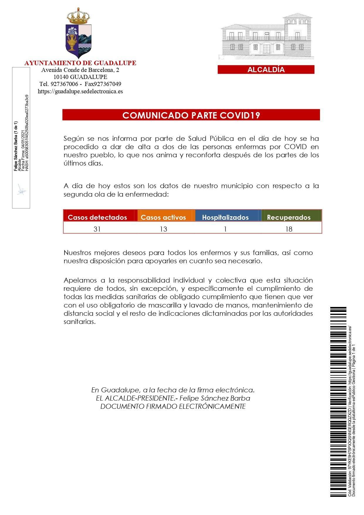 Un hospitalizado y 2 nuevas altas de COVID-19 (enero 2021) - Guadalupe (Cáceres) 2