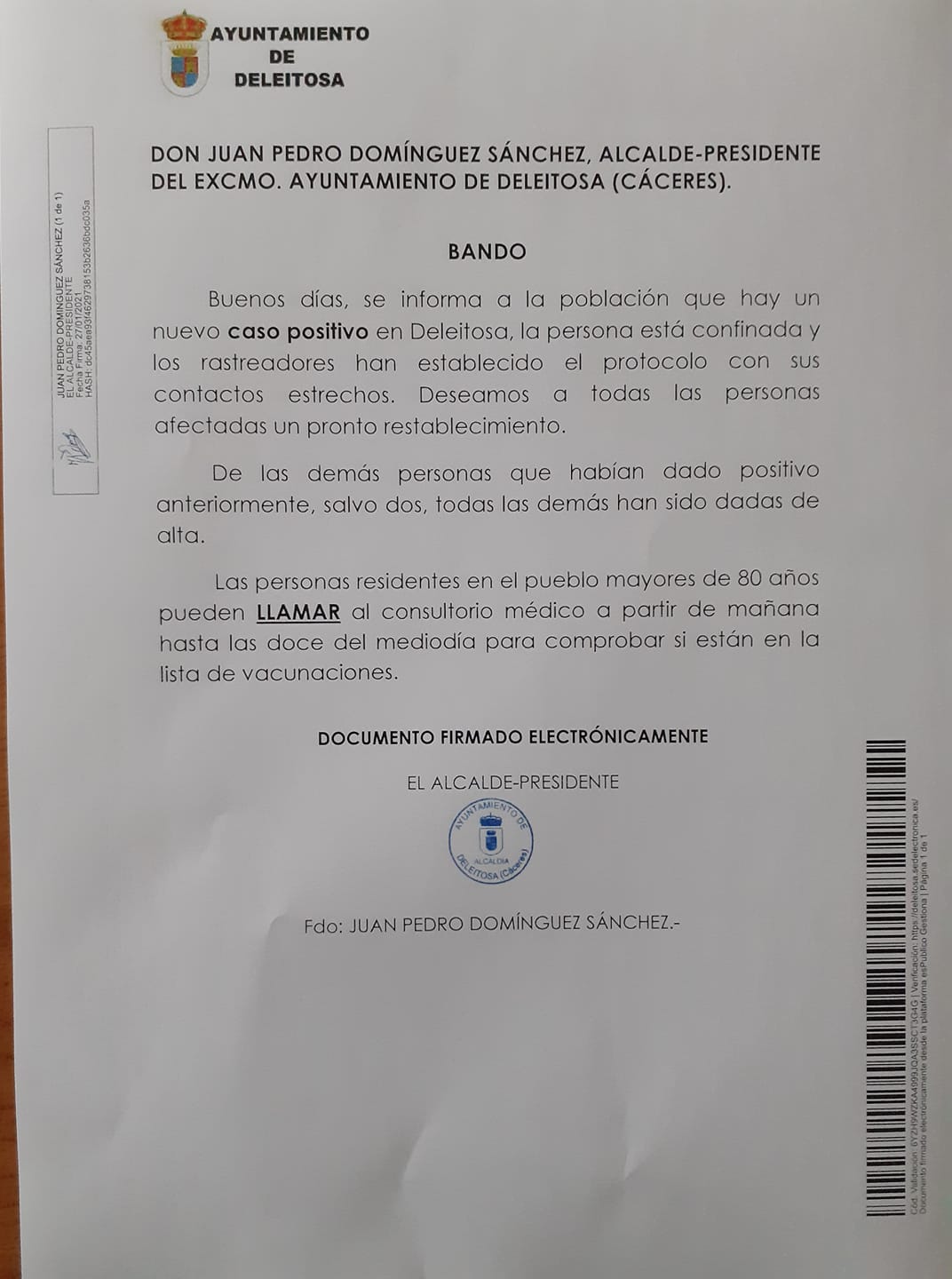 Un nuevo caso positivo de COVID-19 (enero 2021) - Deleitosa (Cáceres)