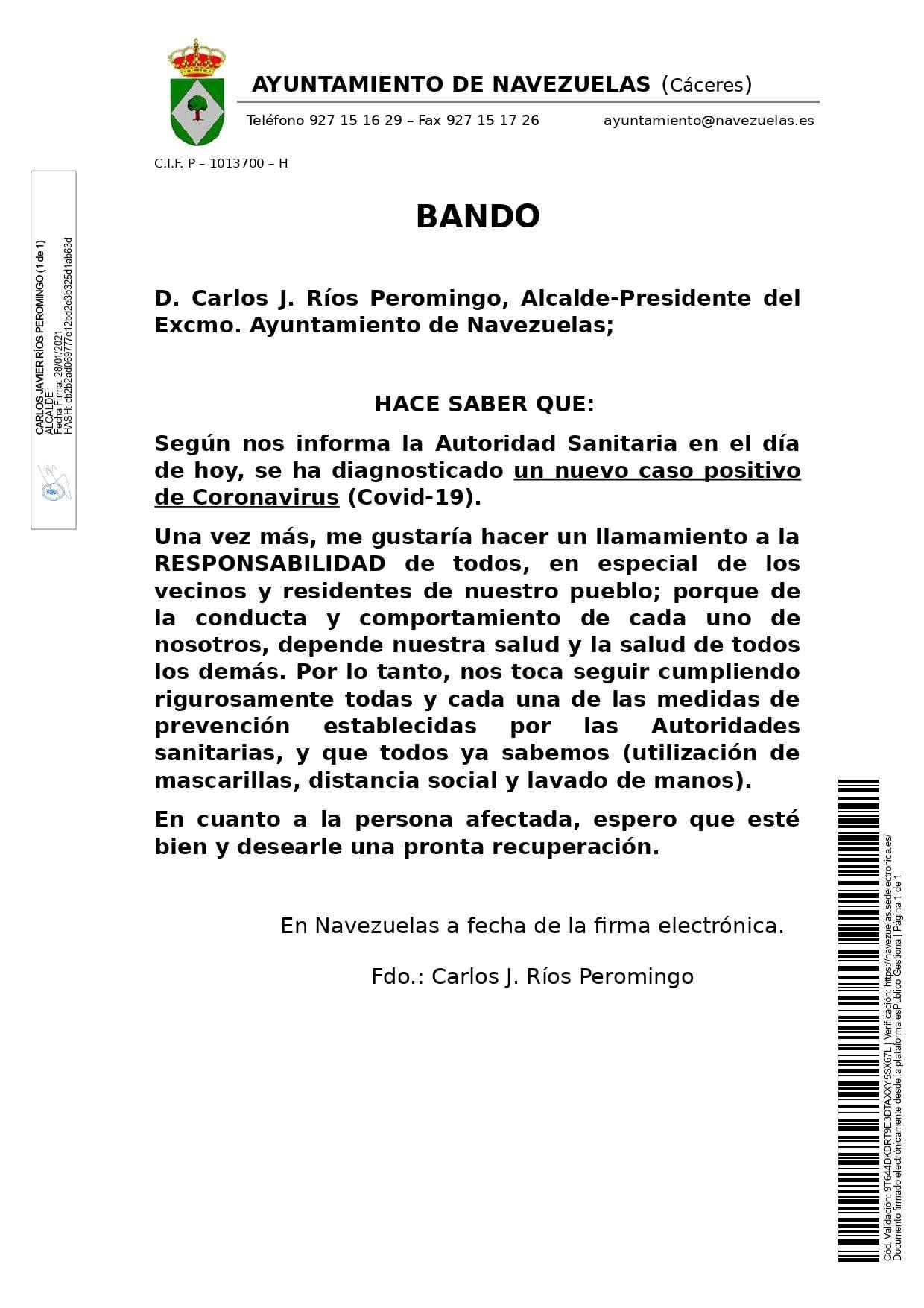 Un nuevo caso positivo de COVID-19 (enero 2021) - Navezuelas (Cáceres)