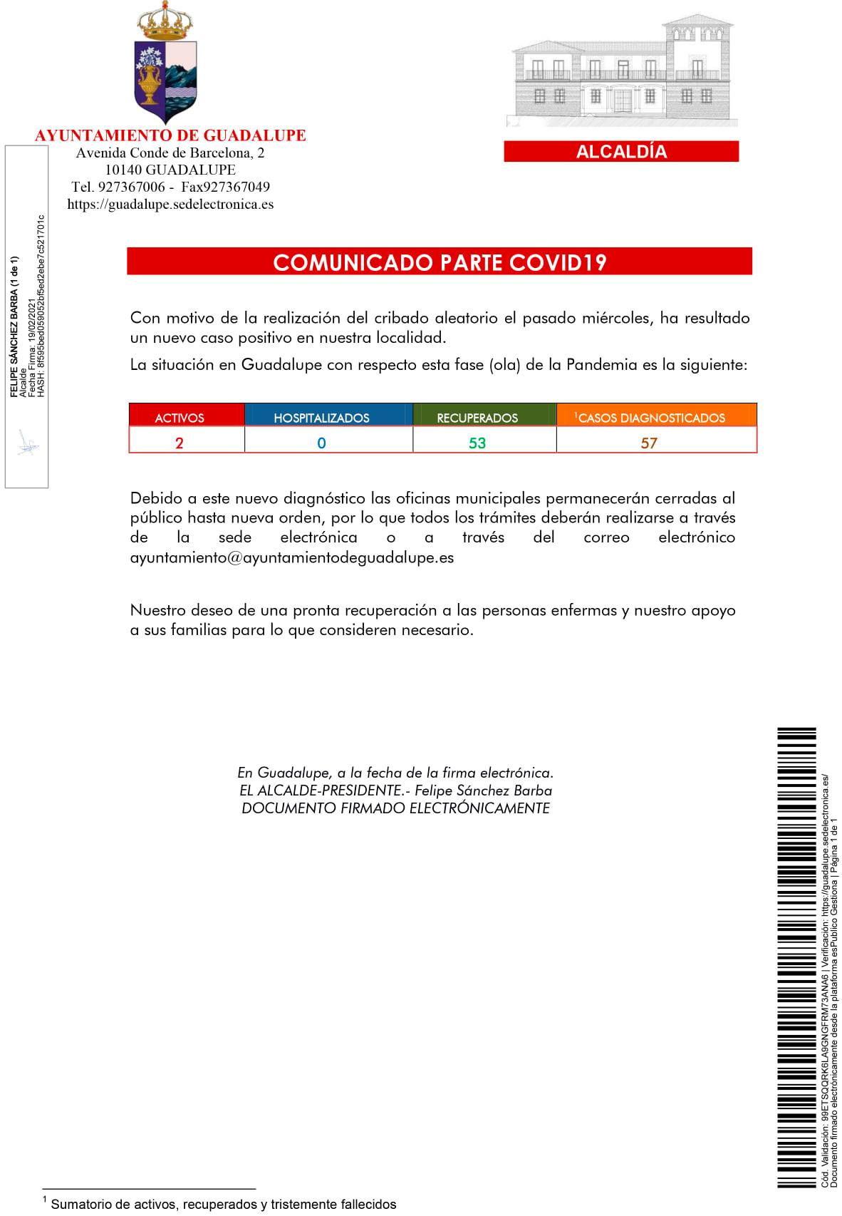 2 casos positivos activos de COVID-19 (febrero 2021) - Guadalupe (Cáceres)