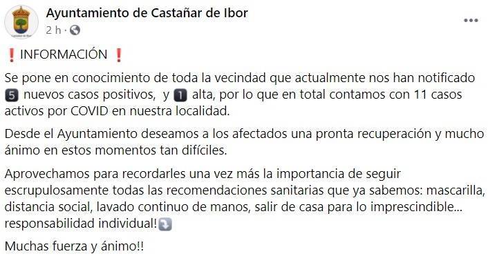 5 nuevos casos positivos de COVID-19 (febrero 2021) - Castañar de Ibor (Cáceres)