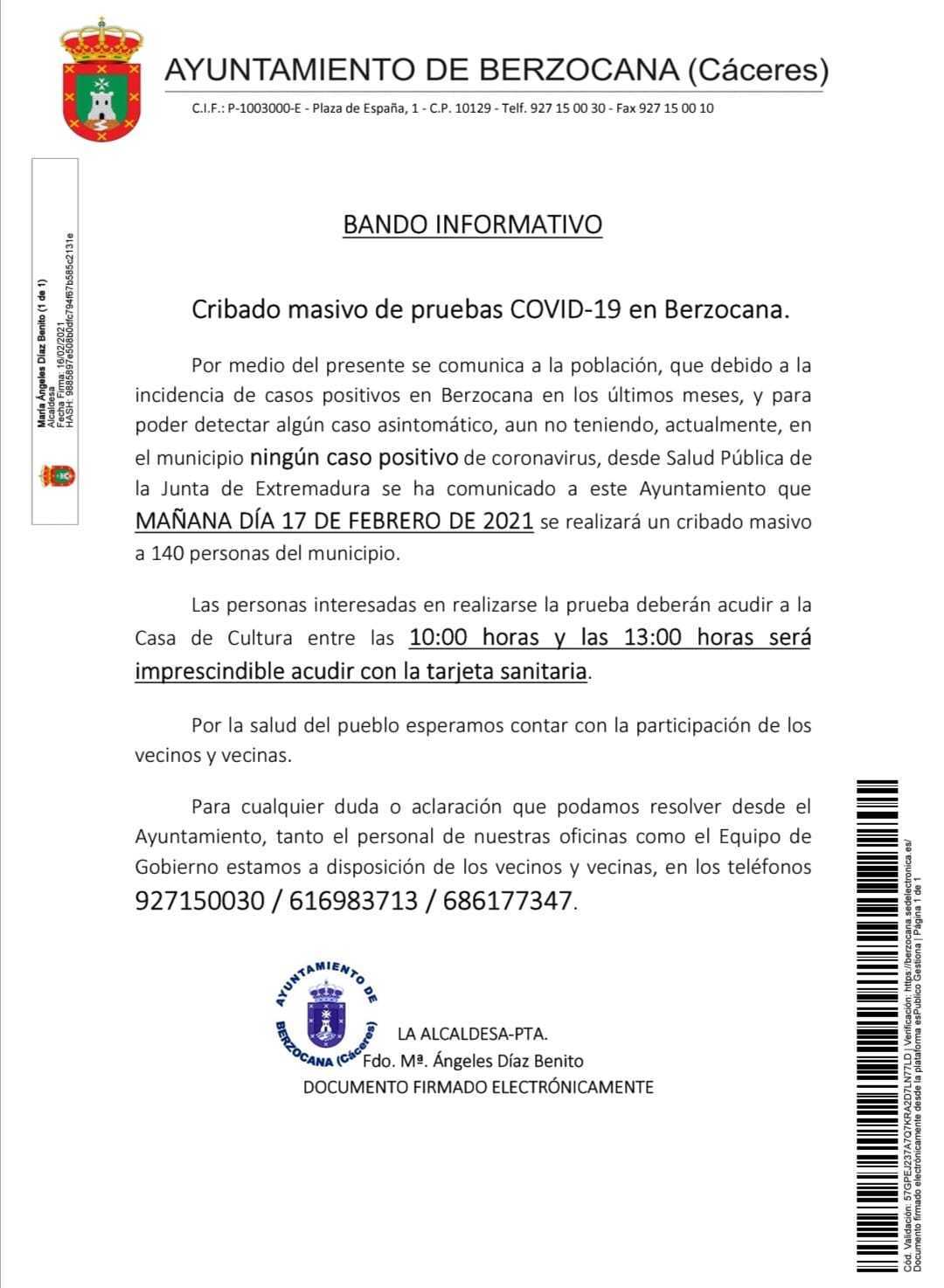 Cribado masivo de COVID-19 (febrero 2021) - Berzocana (Cáceres)
