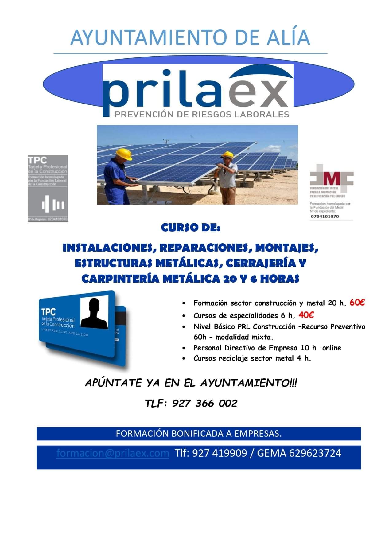 Curso de instalaciones, reparaciones, montajes, estructuras metálicas, cerrajería y carpintería metálica (2021) - Alía (Cáceres)