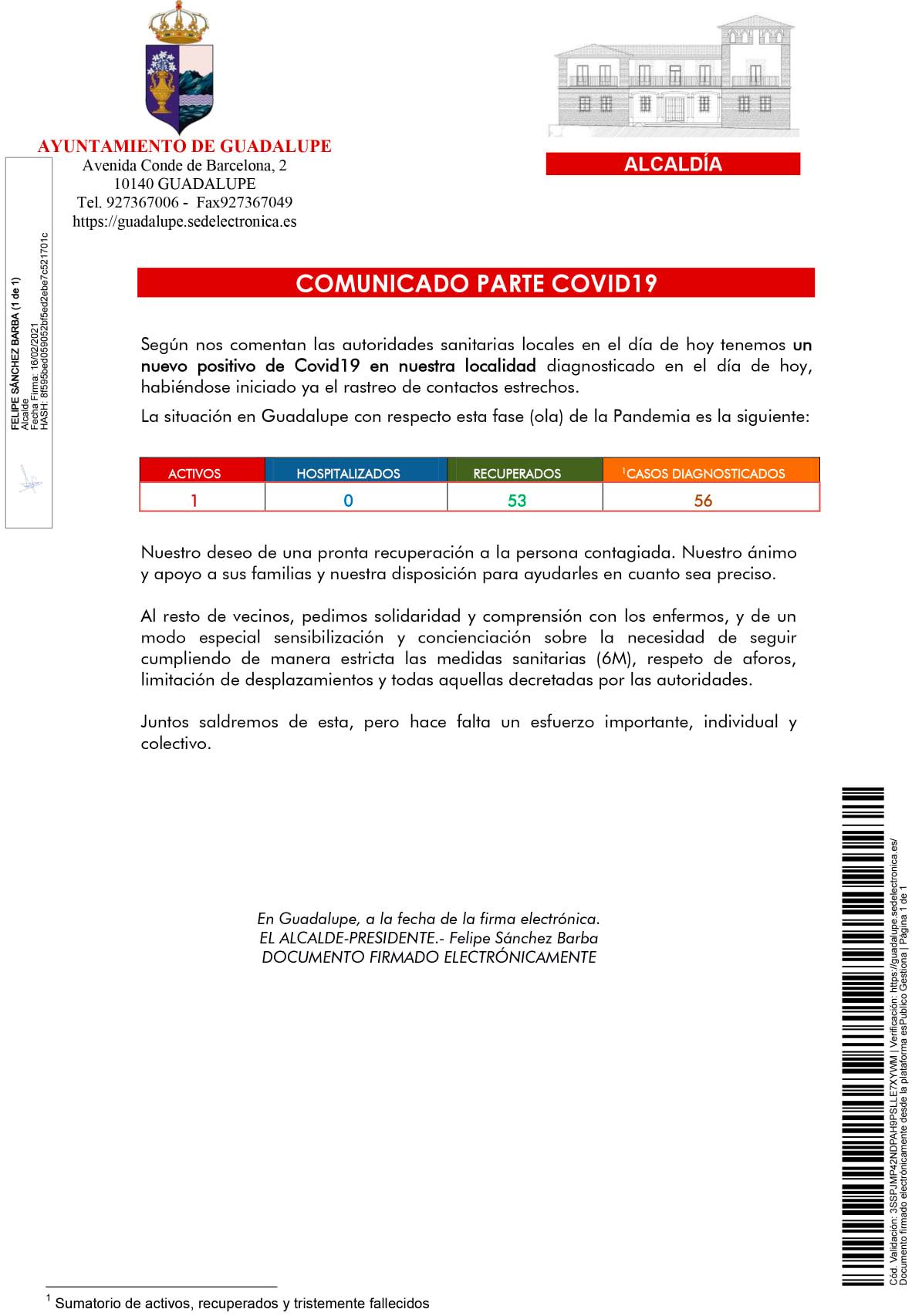 Nuevo caso positivo y cribado de COVID-19 (febrero 2021) - Guadalupe (Cáceres) 1