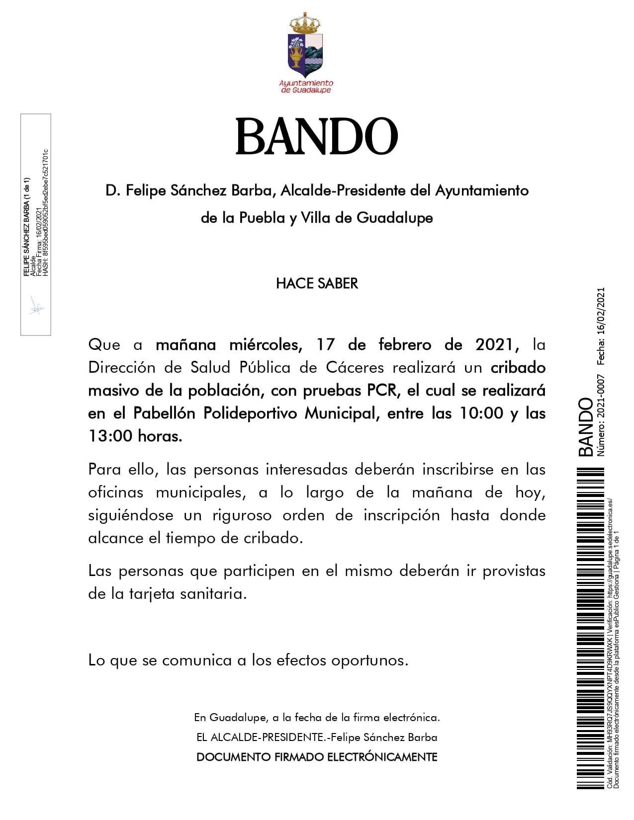 Nuevo caso positivo y cribado de COVID-19 (febrero 2021) - Guadalupe (Cáceres) 2