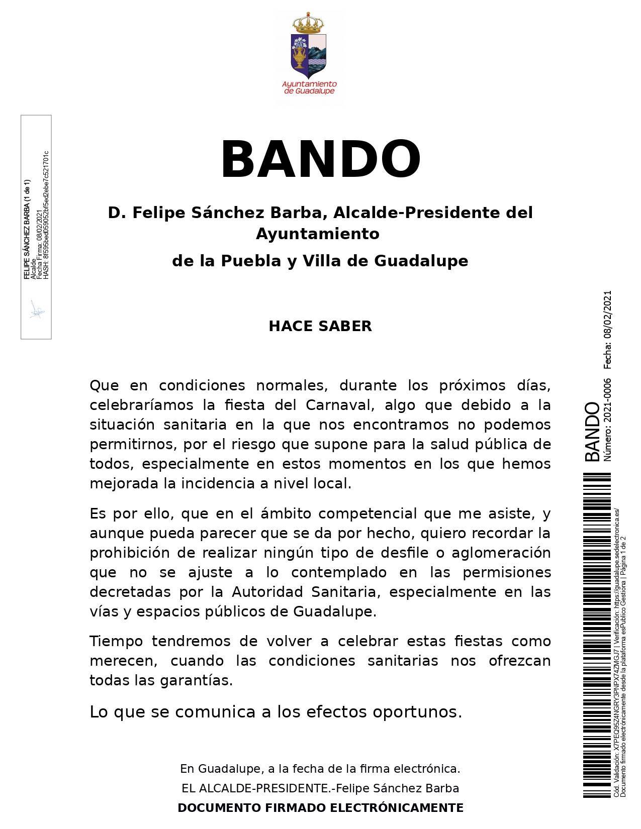 Prohibido realizar desfiles o aglomeraciones en carnaval (2021) - Guadalupe (Cáceres)