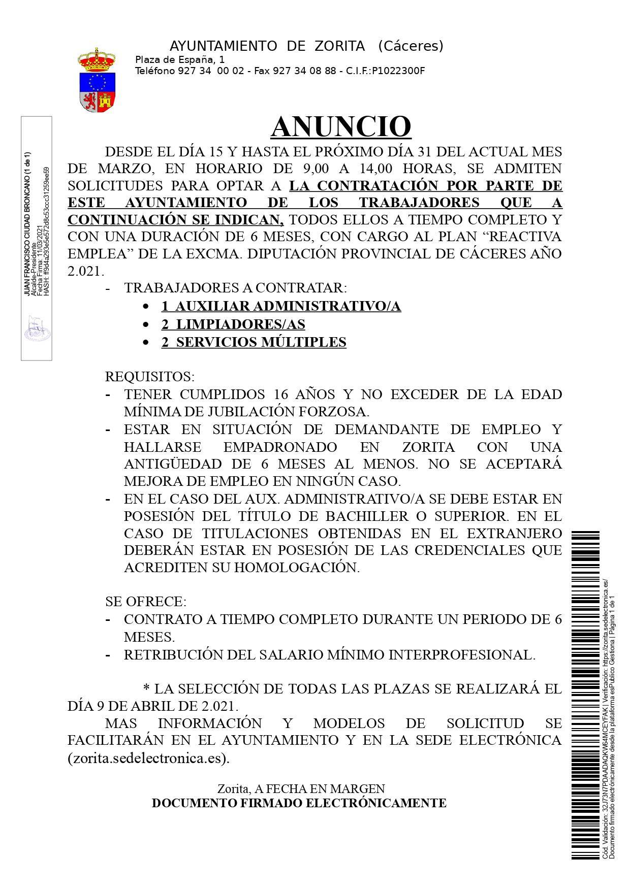 Auxiliar administrativo-a, limpiadores-as y servicios múltiples (2021) - Zorita (Cáceres)