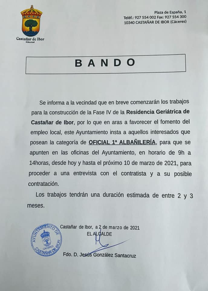 Oficial de primera de albañilería (marzo 2021) - Castañar de Ibor (Cáceres)