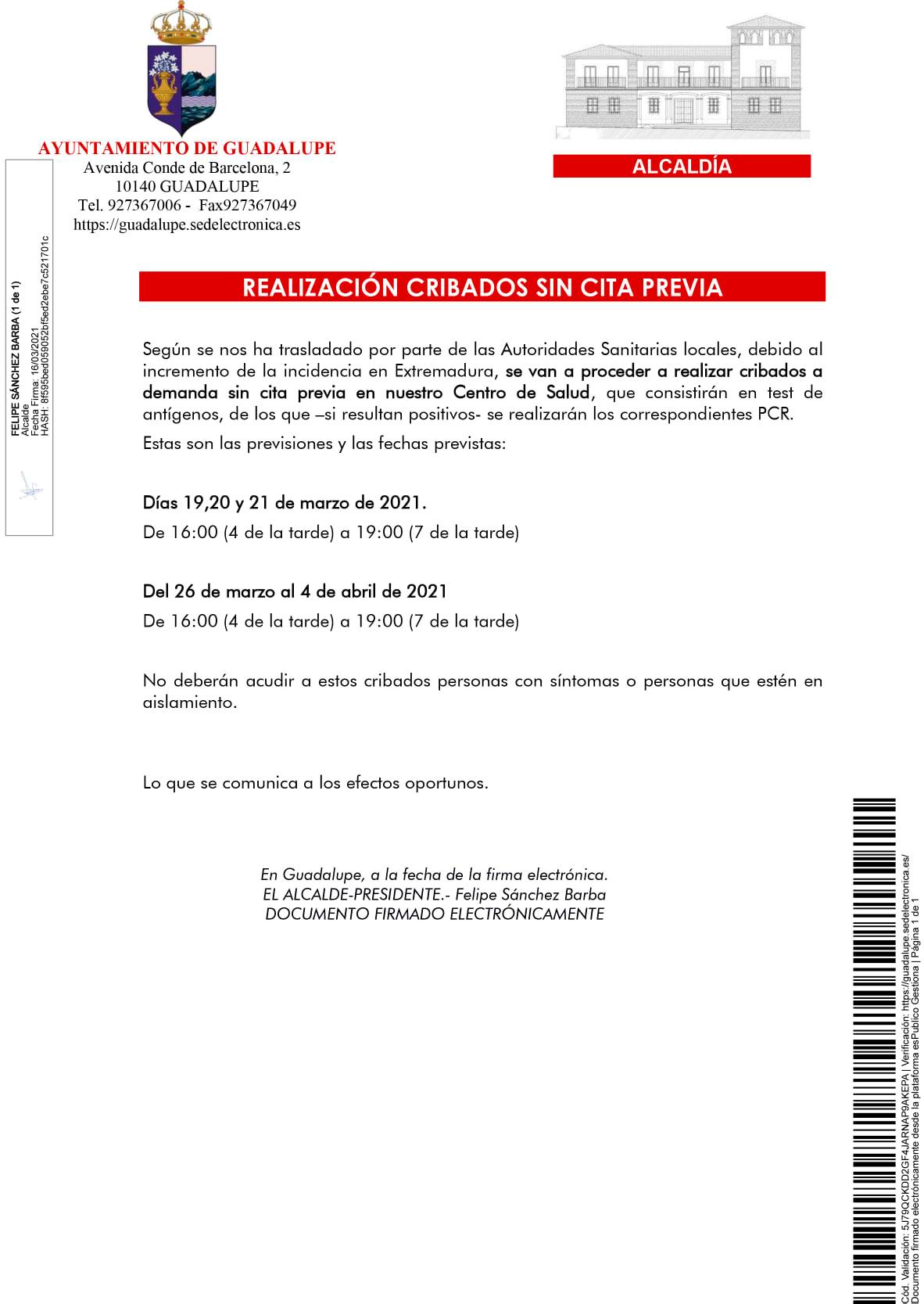 Realización de cribados de COVID-19 (marzo y abril 2021) - Guadalupe (Cáceres)