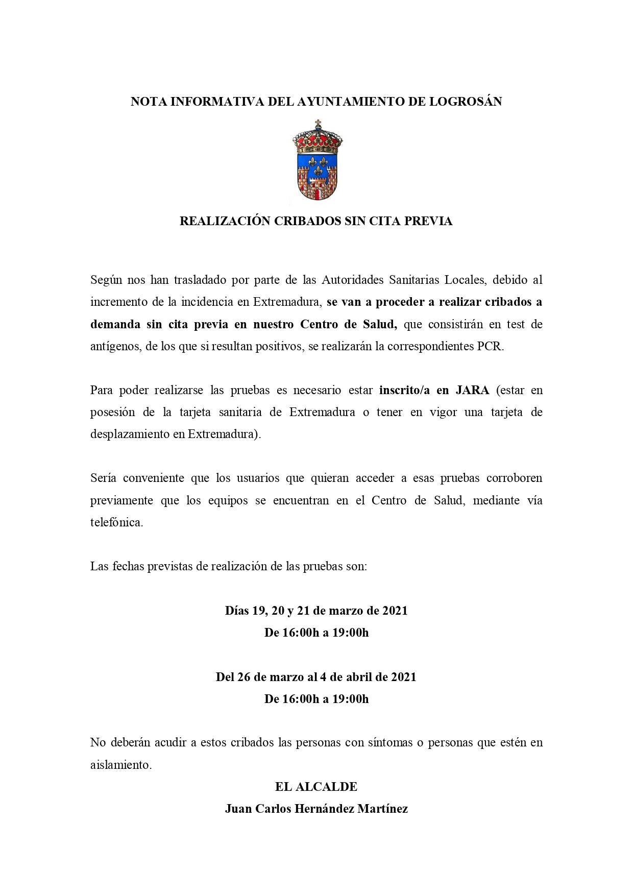 Realización de cribados masivos de COVID-19 (marzo-abril 2021) - Logrosán (Cáceres)