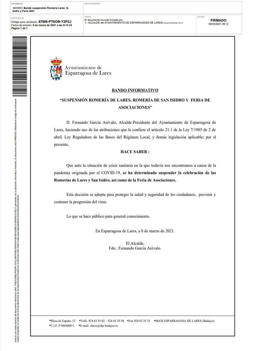 Suspensión de romerías y ferias (2021) - Esparragosa de Lares (Badajoz)