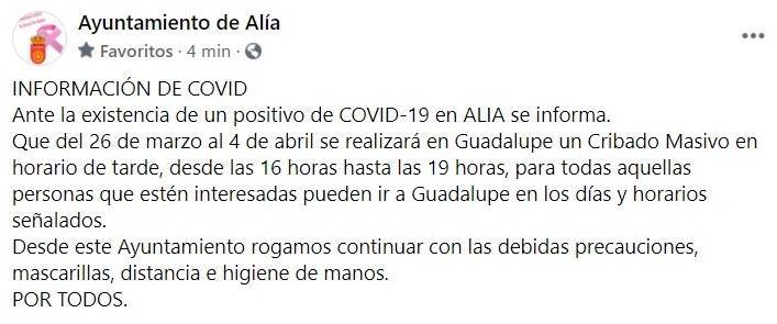 Un caso positivo de COVID-19 (marzo 2021) - Alía (Cáceres)