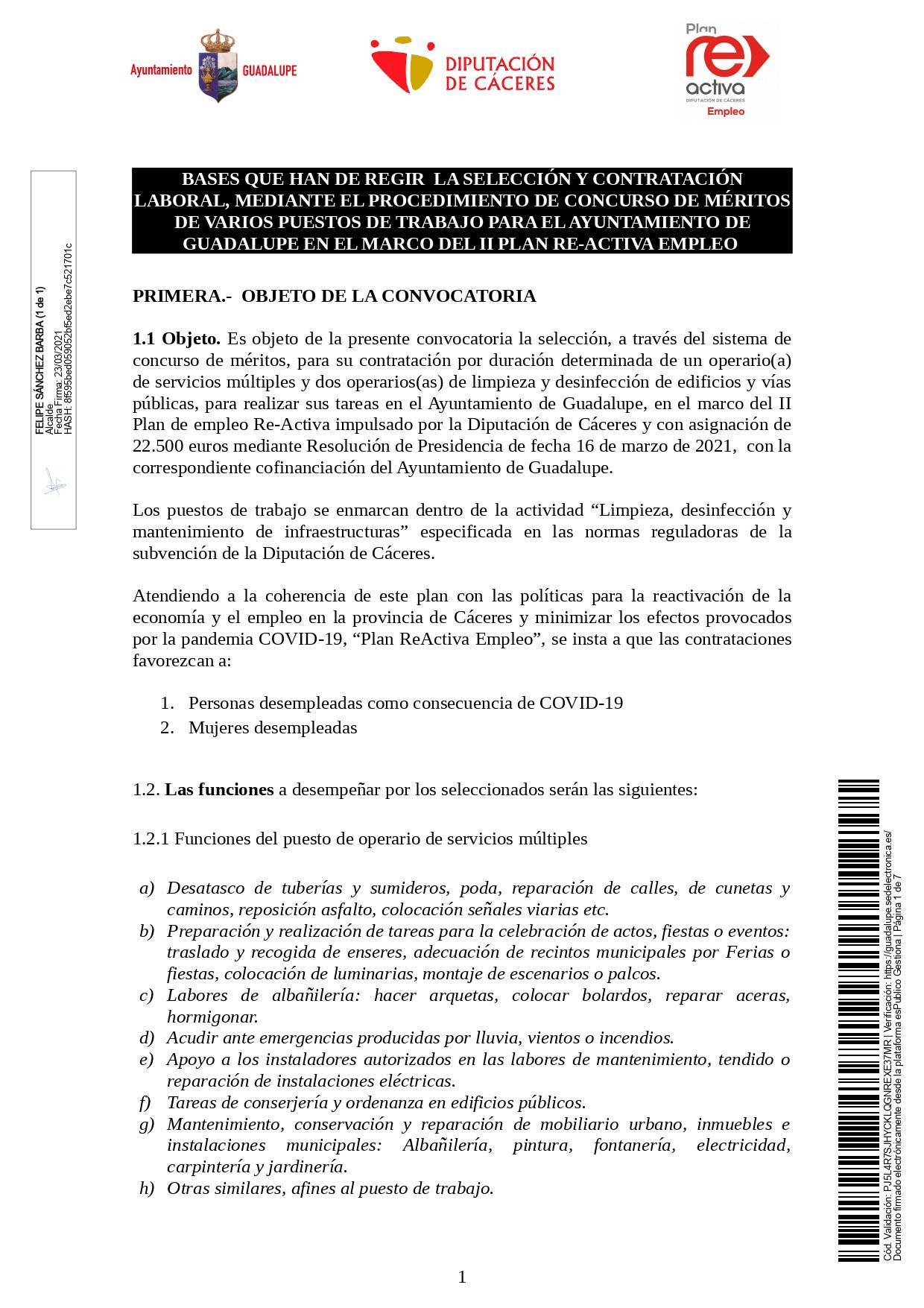 Un operario-a de servicios múltiples y dos operarios-as de limpieza (2021) - Guadalupe (Cáceres) 1