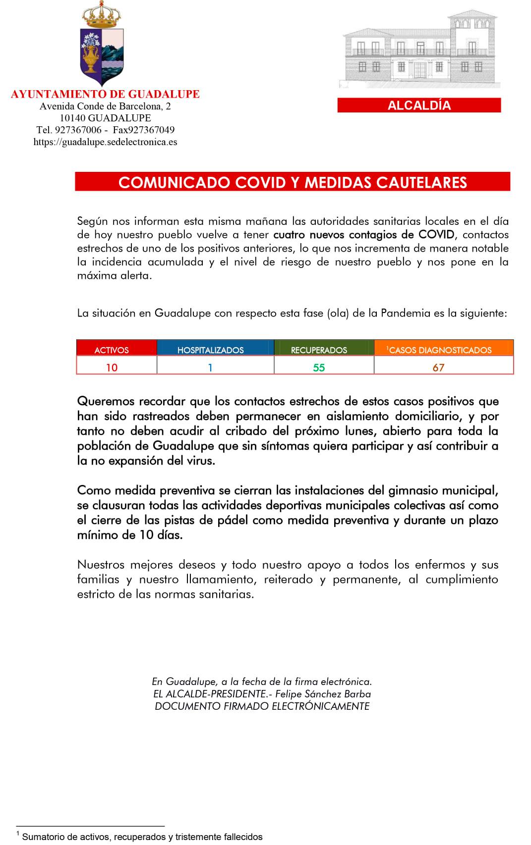 10 casos positivos activos de COVID-19 (abril 2021) - Guadalupe (Cáceres)