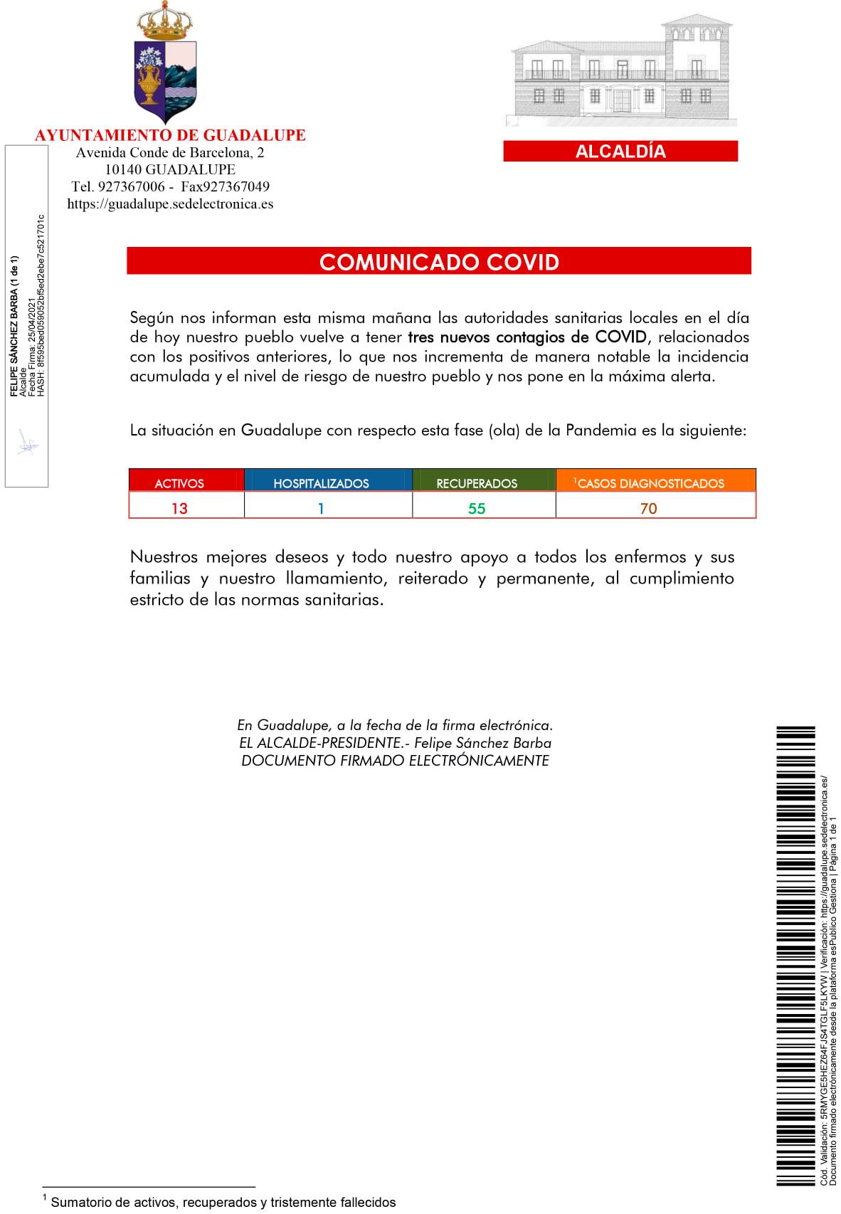 13 casos positivos activos de COVID-19 (abril 2021) - Guadalupe (Cáceres)