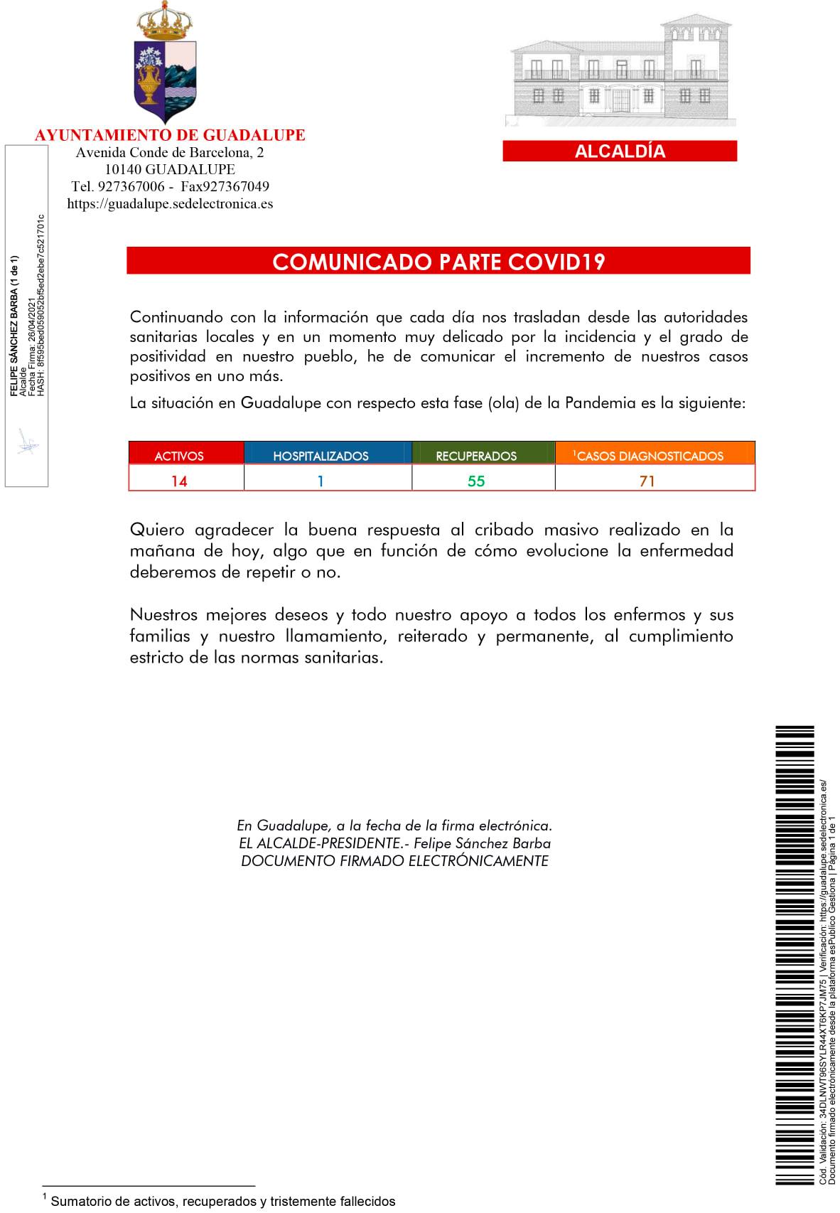 14 casos positivos activos de COVID-19 (abril 2021) - Guadalupe (Cáceres)