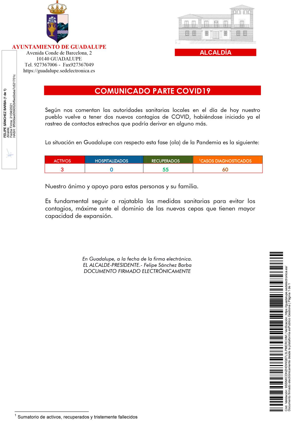 2 nuevos casos positivos de COVID-19 (abril 2021) - Guadalupe (Cáceres)