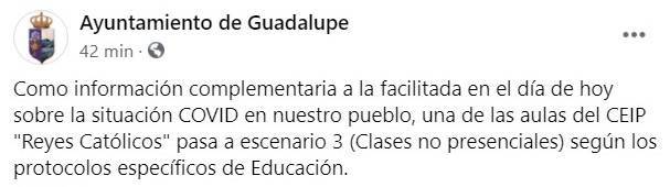 4 nuevos positivos y cierre de un aula del colegio por COVID-19 (abril 2021) - Guadalupe (Cáceres) 1