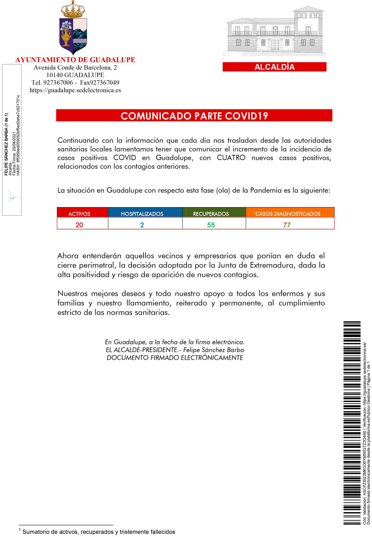 4 nuevos positivos y cierre de un aula del colegio por COVID-19 (abril 2021) - Guadalupe (Cáceres) 2