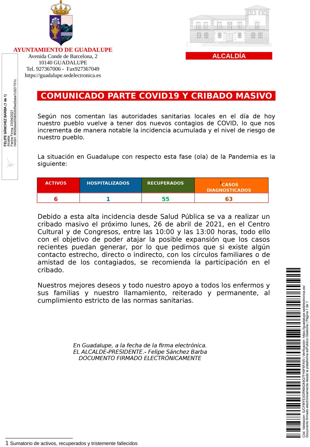 6 casos positivos activos de COVID-19 (abril 2021) - Guadalupe (Cáceres)