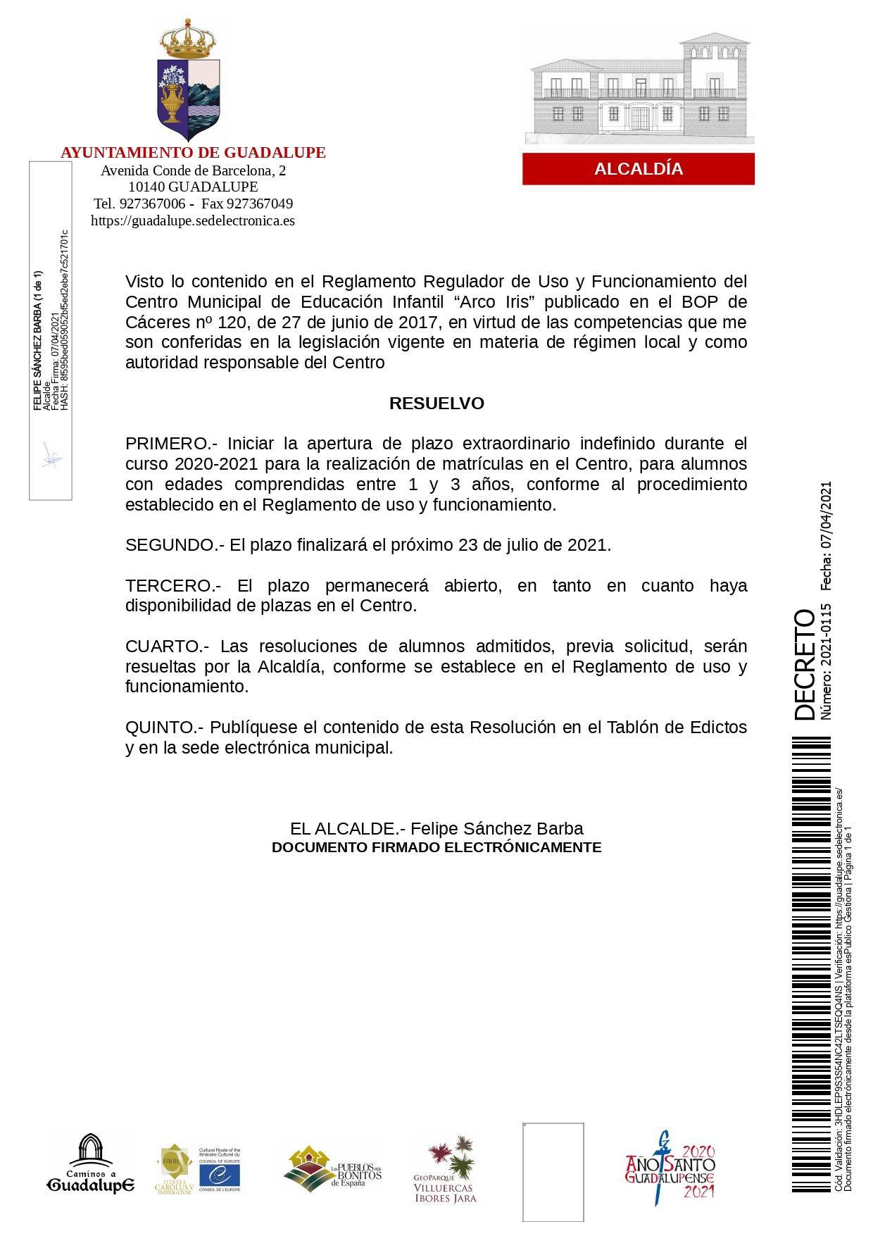 Apertura de plazo extraordinario de la guardería (2021) - Guadalupe (Cáceres)