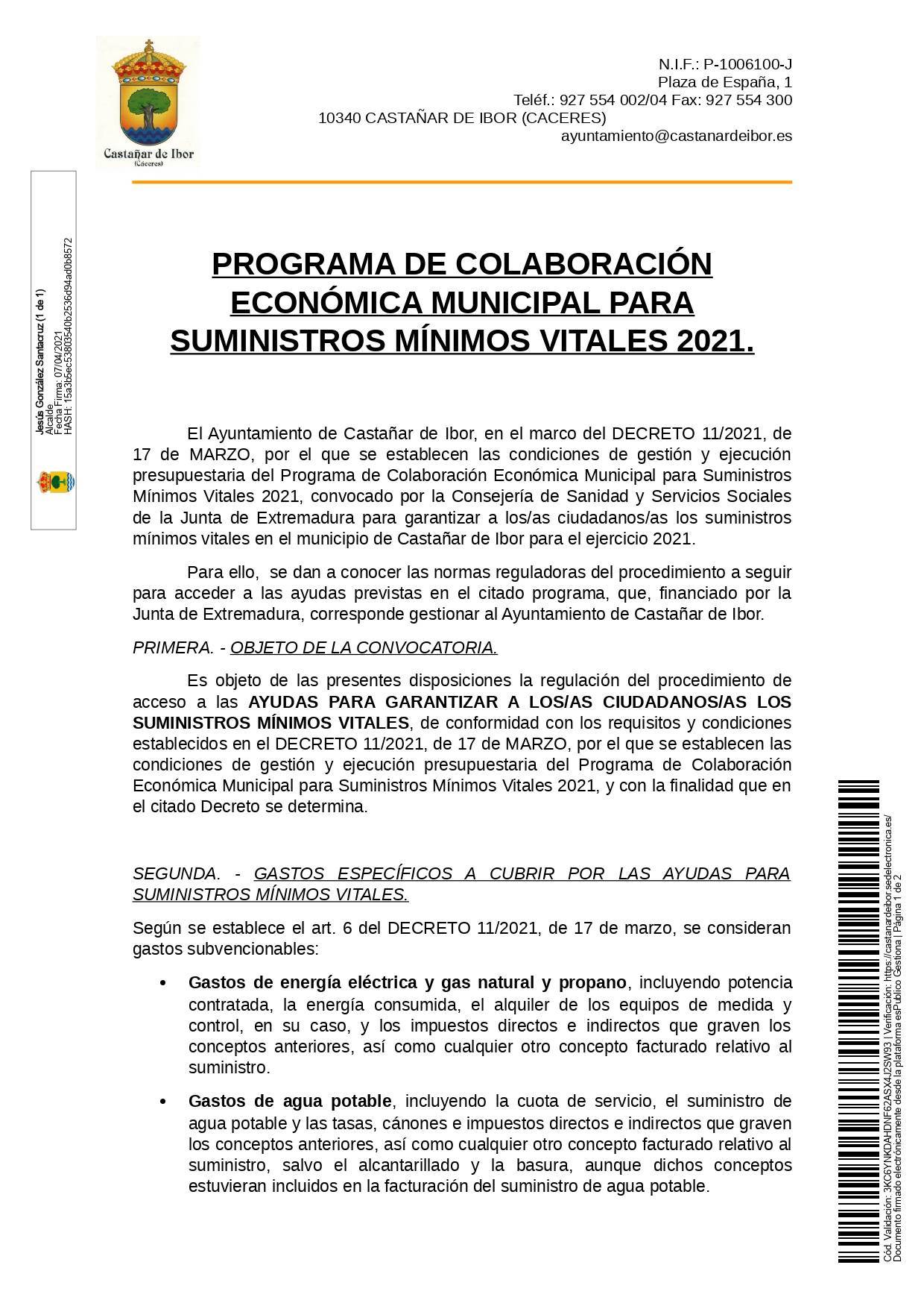 Ayuda económica municipal para suministros mínimos vitales (2021) - Castañar de Ibor (Cáceres) 1