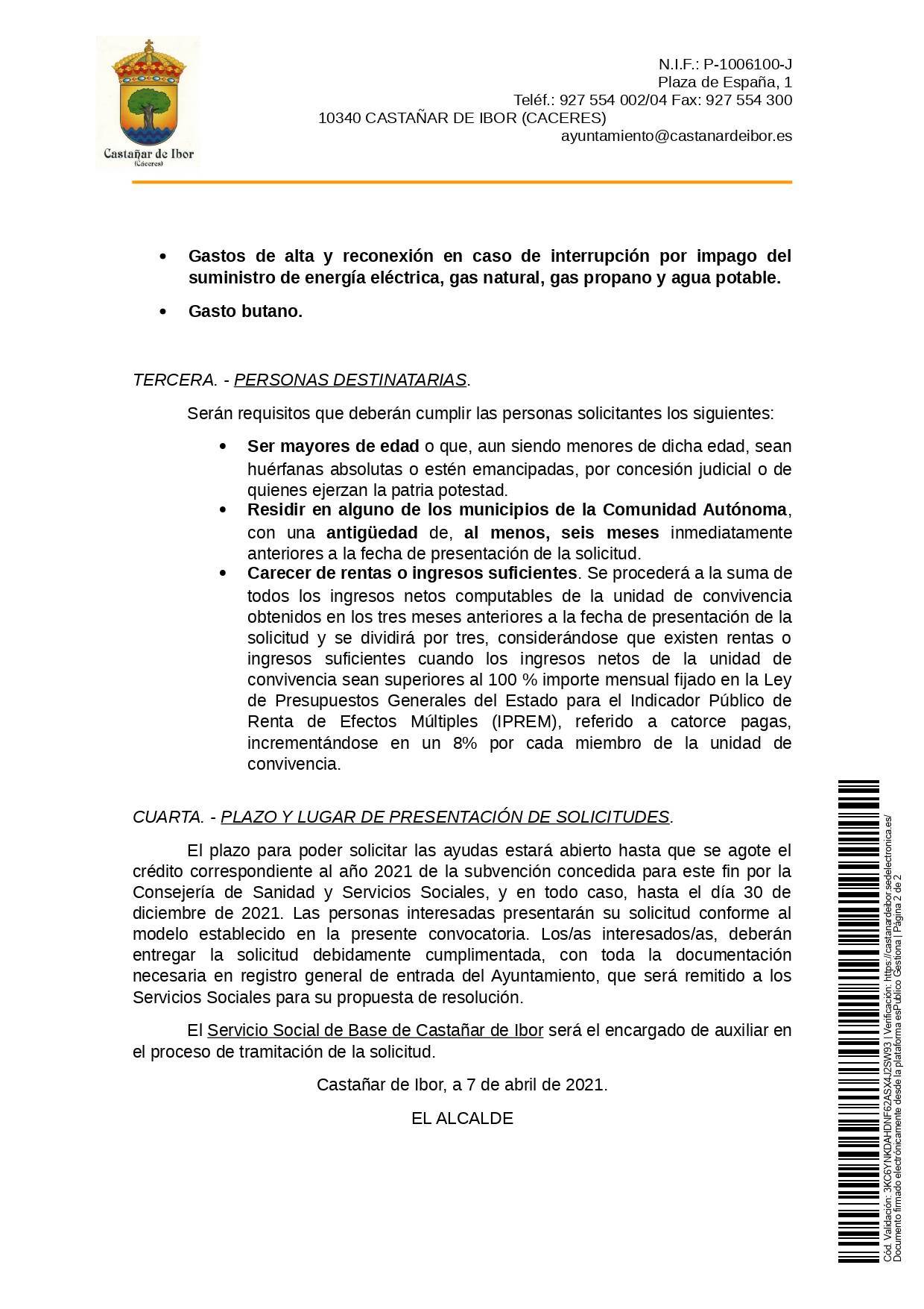 Ayuda económica municipal para suministros mínimos vitales (2021) - Castañar de Ibor (Cáceres) 2
