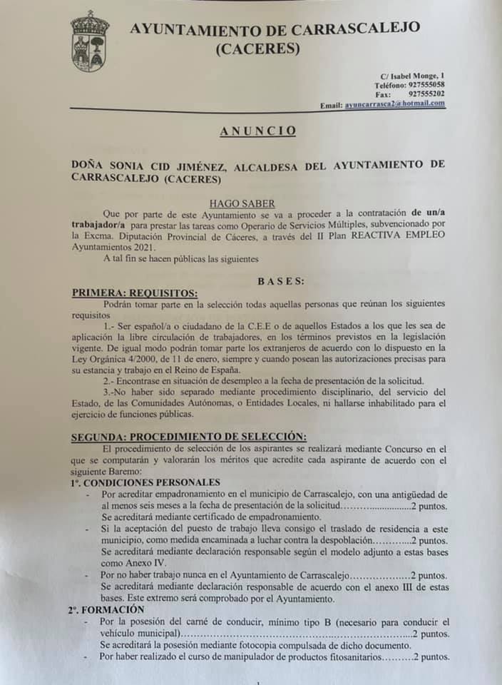 Operario-a de servicios múltiples (abril 2021) - Carrascalejo (Cáceres) 1