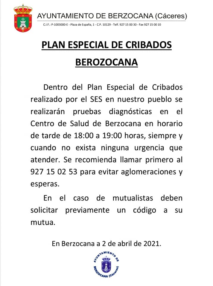 Plan especial de cribados de COVID-19 (abril 2021) - Berzocana (Cáceres)