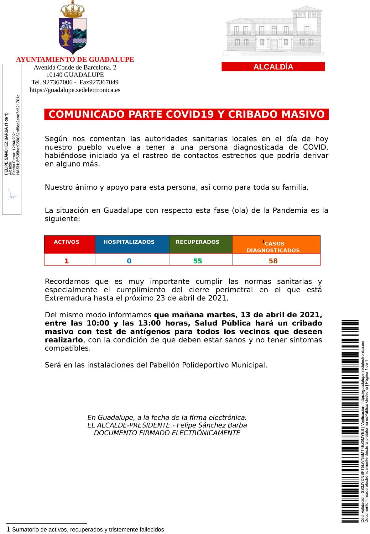 Un caso positivo de COVID-19 (abril 2021) - Guadalupe (Cáceres)