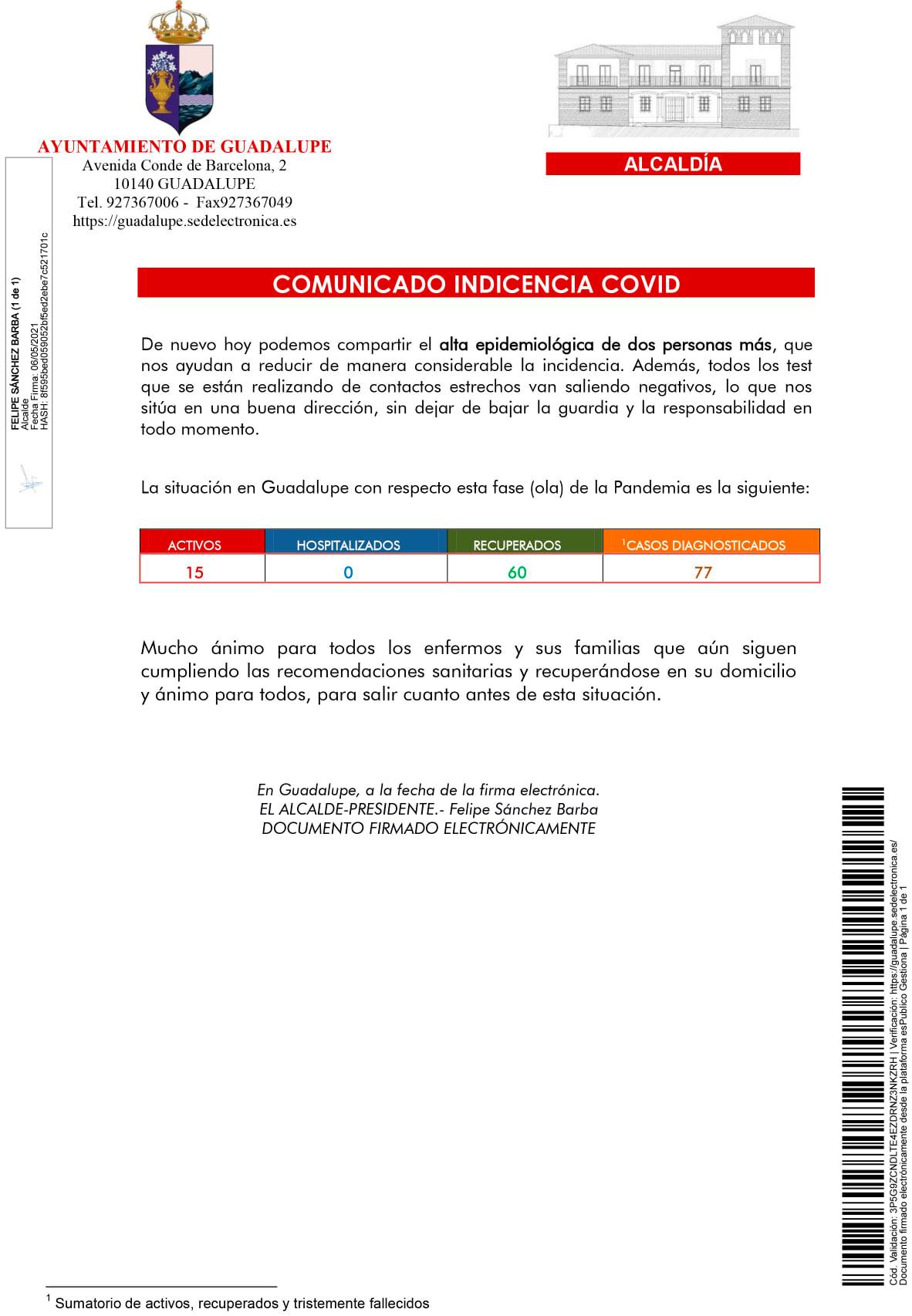 2 nuevas altas de COVID-19 (mayo 2021) - Guadalupe (Cáceres)