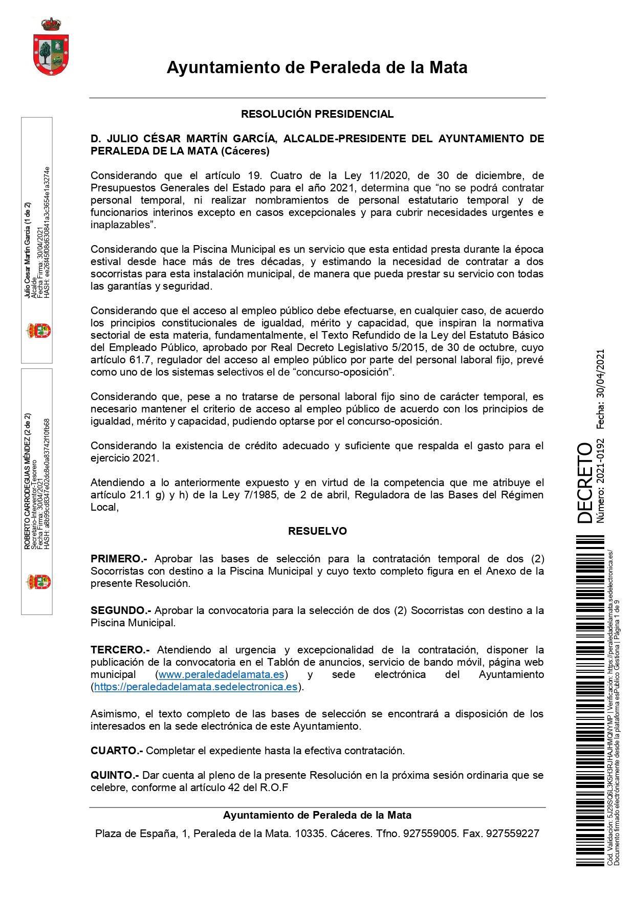 2 socorristas para la piscina municipal (2021) - Peraleda de la Mata (Cáceres) 1