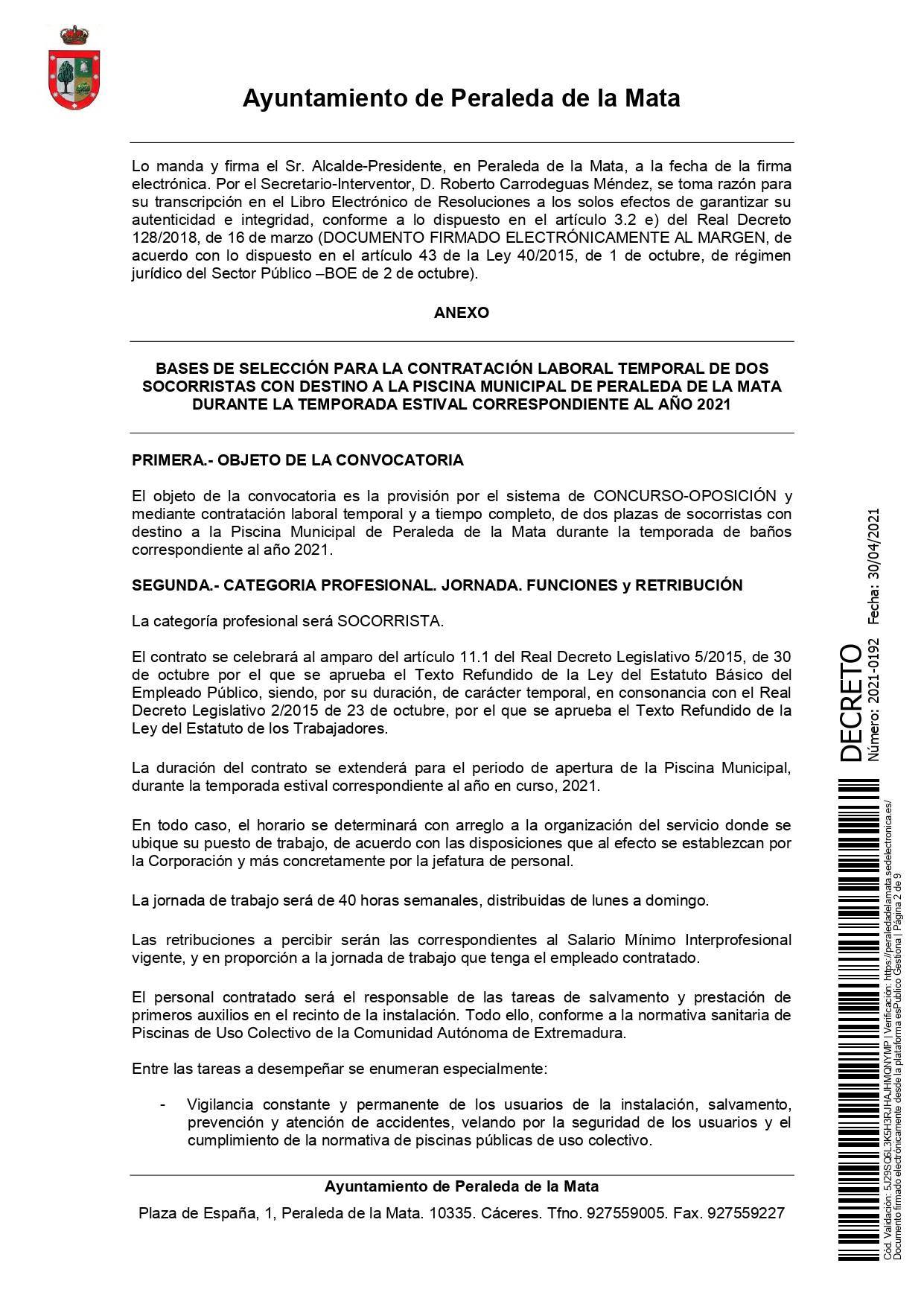 2 socorristas para la piscina municipal (2021) - Peraleda de la Mata (Cáceres) 2