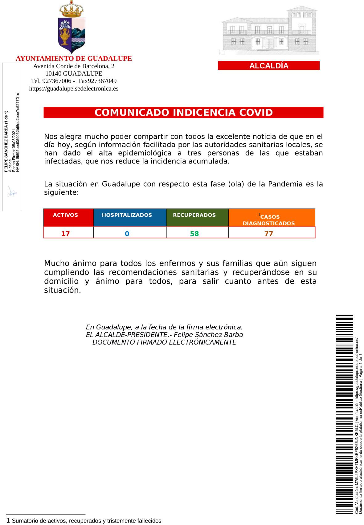 3 altas de COVID-19 (mayo 2021) - Guadalupe (Cáceres)